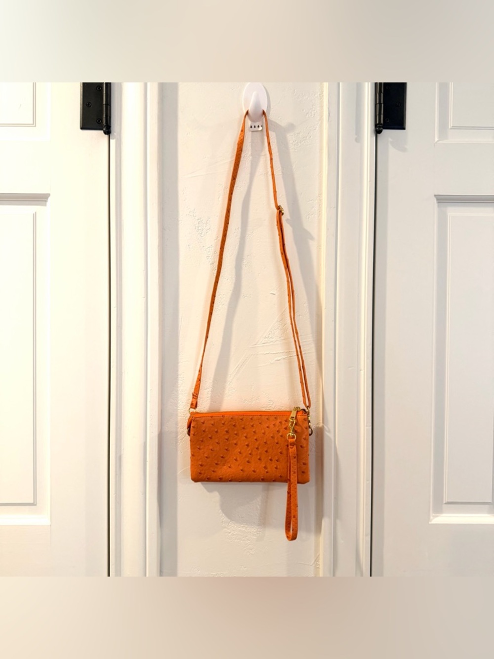 Fabrizio Orange Ostrich Embossed Genuine Leather Crossbody Bag Brass Accents